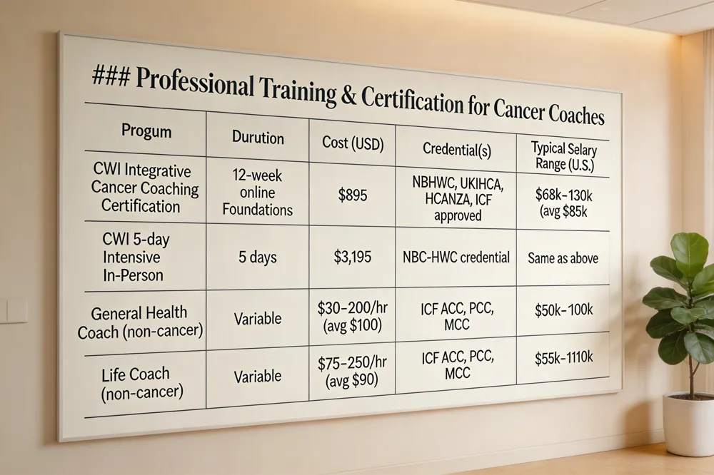 ### Professional Training & Certification for Cancer Coaches
| Program | Duration | Cost (USD) | Credential(s) | Typical Salary Range (U.S.) |
|---|---|---|---|---|
| Cancer Coaching Institute (CWI) – Integrative Cancer Coaching Certification | 12‑week online Foundations | $895 | NBHWC, UKIHCA, HCANZA, ICF approved | $68k‑$130k (average $85k) |
| CWI – 5‑day Intensive In‑Person | 5 days | $3,195 | NBC‑HWC credential | Same as above |
| General Health Coach (non‑cancer specific) | Variable | $30‑$200 per hour (average $100) | ICF ACC, PCC, MCC | $50k‑$100k |
| Life Coach (non‑cancer specific) | Variable | $75‑$250 per hour (average $90) | ICF ACC, PCC, MCC | $55k‑$110k |
