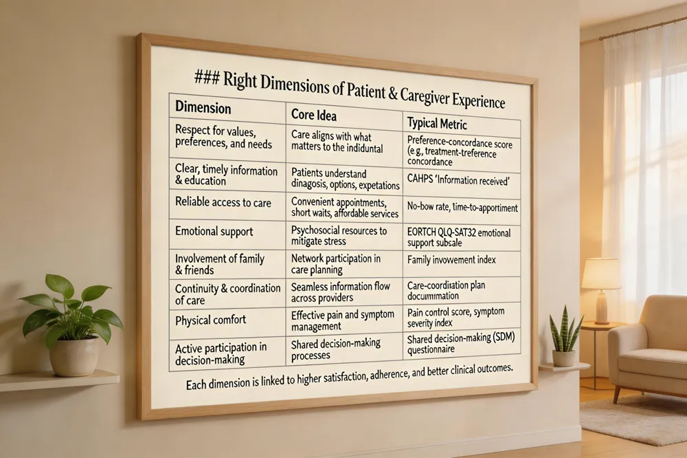 ### Eight Dimensions of Patient & Caregiver Experience
| Dimension | Core Idea | Typical Metric |
|---|---|---|
| Respect for values, preferences, and needs | Care aligns with what matters to the individual | Preference‑concordance score (e.g., treatment‑preference concordance) |
| Clear, timely information & education | Patients understand diagnosis, options, expectations | CAHPS “Information received” item |
| Reliable access to care | Convenient appointments, short waits, affordable services | No‑show rate, time‑to‑appointment |
| Emotional support | Psychosocial resources to mitigate stress | EORTC QLQ‑SAT32 emotional support subscale |
| Involvement of family & friends | Network participation in care planning | Family involvement index |
| Continuity & coordination of care | Seamless information flow across providers | Care‑coordination plan documentation |
| Physical comfort | Effective pain and symptom management | Pain control score, symptom severity index |
| Active participation in decision‑making | Shared decision‑making processes | Shared decision‑making (SDM) questionnaire |
Each dimension is linked to higher satisfaction, adherence, and better clinical outcomes.