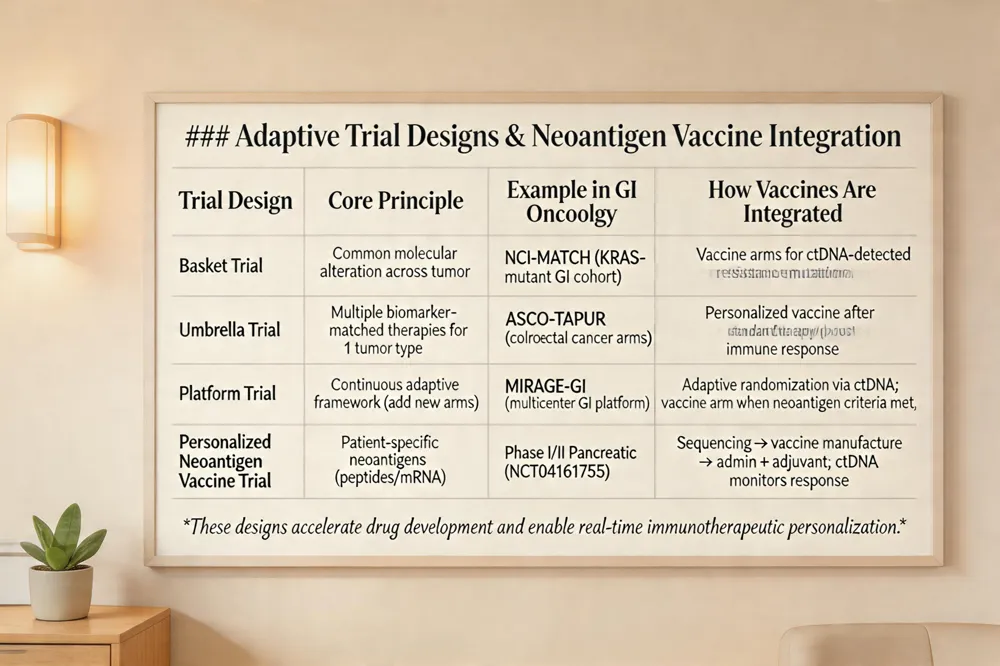 ### Adaptive Trial Designs & Neoantigen Vaccine Integration
| Trial Design | Core Principle | Example in GI Oncology | How Vaccines Are Integrated |
|---|---|---|---|
| Basket Trial | Enroll patients with a common molecular alteration across tumor types | NCI‑MATCH (e.g., KRAS‑mutant GI cohort) | Neoantigen vaccine arms added for patients with emerging resistance mutations detected by ctDNA |
| Umbrella Trial | Multiple targeted therapies within a single tumor type, each matched to a biomarker | ASCO‑TAPUR (colorectal cancer arms) | Patients receive personalized vaccine after standard therapy to boost immune response against residual neoantigens |
| Platform Trial | Continuous, adaptive framework allowing new arms to be added as data evolve | MIRAGE‑GI (multicenter GI platform) | Adaptive randomization based on ctDNA‑detected clonal evolution; vaccine arm opened when a neoantigen signature meets predefined criteria |
| Personalized Neoantigen Vaccine Trial | Synthetic peptides/mRNA encoding patient‑specific tumor neoantigens | Phase I/II pancreatic cancer neoantigen vaccine (e.g., NCT04161755) | Sequencing → neoantigen prediction → vaccine manufacture → administration with adjuvant; ctDNA monitors response |
These designs accelerate drug development and enable real‑time immunotherapeutic personalization.
