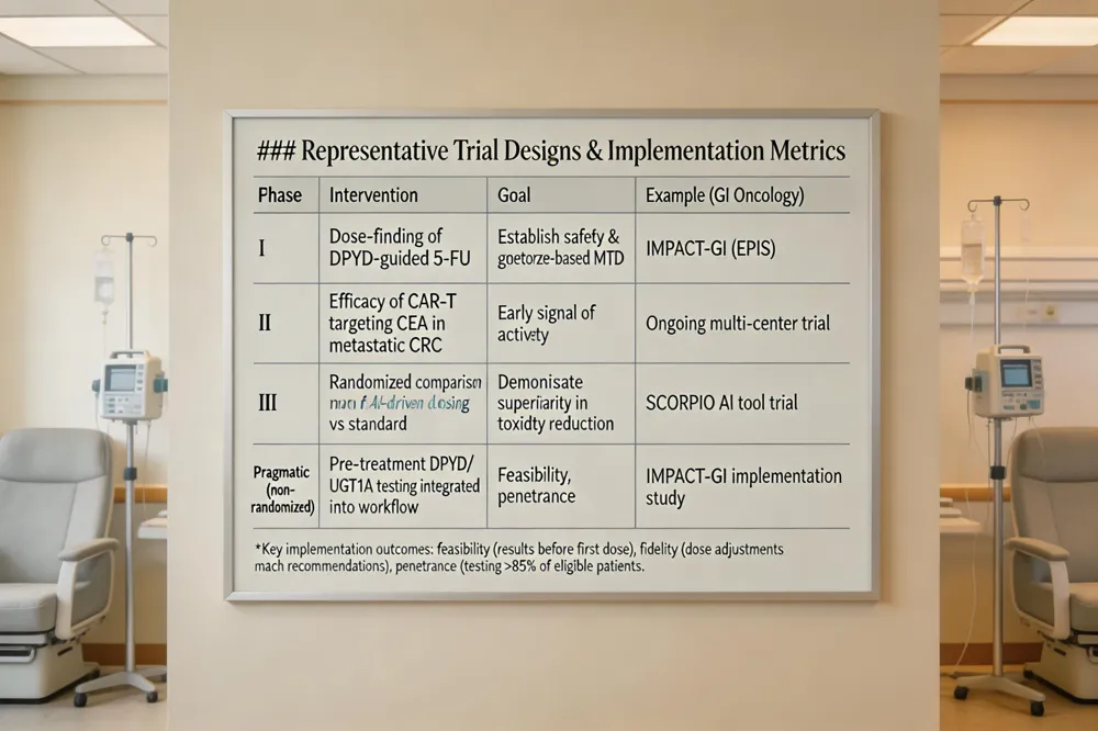 ### Representative Trial Designs & Implementation Metrics
| Phase | Intervention | Goal | Example (GI Oncology) |
|---|---|---|---|
| I | Dose‑finding of DPYD‑guided 5‑FU | Establish safety & genotype‑based MTD | IMPACT‑GI (EPIS) |
| II | Efficacy of CAR‑T targeting CEA in metastatic CRC | Early signal of activity | Ongoing multi‑center trial |
| III | Randomized comparison of AI‑driven dosing vs standard | Demonstrate superiority in toxicity reduction | SCORPIO AI tool trial |
| Pragmatic (non‑randomized) | Pre‑treatment DPYD/UGT1A1 testing integrated into workflow | Feasibility, fidelity, penetrance | IMPACT‑GI implementation study |
Key implementation outcomes: feasibility (results before first dose), fidelity (dose adjustments match recommendations), penetrance (testing >85% of eligible patients).