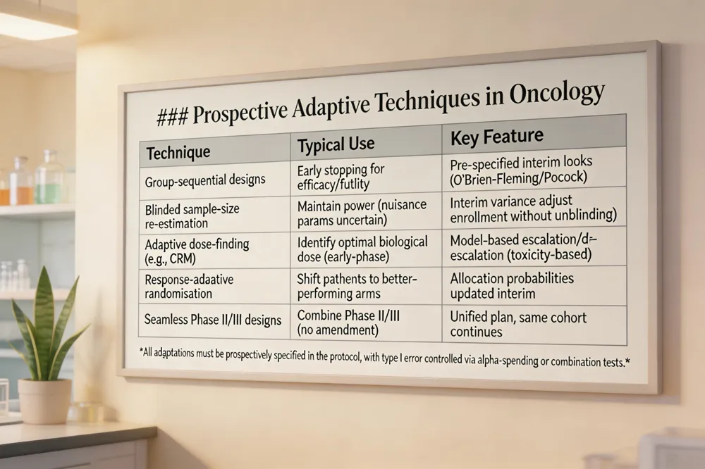 ### Prospective Adaptive Techniques in Oncology
| Technique | Typical Use | Key Feature |
|---|---|---|
| Group‑sequential designs | Early stopping for efficacy or futility | Pre‑specified interim looks with O’Brien‑Fleming or Pocock boundaries |
| Blinded sample‑size re‑estimation | Maintain power when nuisance parameters (e.g., event rate) are uncertain | Interim variance estimate used to adjust total enrollment without unblinding |
| Adaptive dose‑finding (e.g., CRM) | Identify optimal biological dose in early‑phase trials | Model‑based escalation/de‑escalation based on observed toxicities |
| Response‑adaptive randomisation | Shift patients toward better‑performing arms | Allocation probabilities updated after each interim based on outcomes |
| Seamless Phase II/III designs | Combine learning (dose‑finding) and confirmatory stages without protocol amendment | Same patient cohort continues from Phase II into Phase III under a unified statistical plan |
All adaptations must be prospectively specified in the protocol, with type I error controlled via alpha‑spending or combination tests.