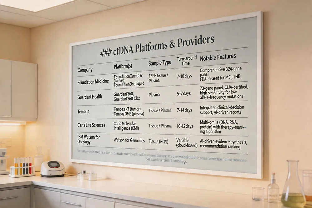 ### ctDNA Platforms & Providers
| Company | Platform(s) | Sample Type | Turn‑around Time | Notable Features |
|---|---|---|---|---|
| Foundation Medicine | FoundationOne CDx (tumor), FoundationOne Liquid | FFPE tissue / Plasma | 7‑10 days | Comprehensive 324‑gene panel, FDA‑cleared for MSI, TMB |
| Guardant Health | Guardant360, Guardant360 CDx | Plasma | 5‑7 days | 73‑gene panel, CLIA‑certified, high sensitivity for low‑allele‑frequency mutations |
| Tempus | Tempus xT (tumor), Tempus OME (plasma) | Tissue / Plasma | 7‑14 days | Integrated clinical‑decision support, AI‑driven reports |
| Caris Life Sciences | Caris Molecular Intelligence (CMI) | Tissue / Plasma | 10‑12 days | Multi‑omics (DNA, RNA, protein) with therapy‑matching algorithm |
| IBM Watson for Oncology | Watson for Genomics | Tissue (NGS) | Variable (cloud‑based) | AI‑driven evidence synthesis, recommendation ranking |
These platforms feed data into master‑protocol trials and enable rapid treatment adaptation based on ctDNA findings.