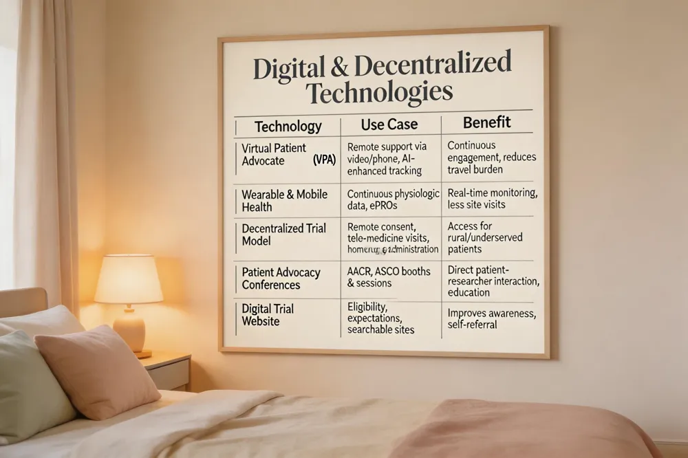 Digital & Decentralized Technologies
| Technology | Use Case | Benefit |
|---|---|---|
| Virtual Patient Advocate (VPA) | Remote support via video/phone, AI‑enhanced tracking | Continuous engagement, reduces travel burden |
| Wearable & Mobile Health | Continuous physiologic data, ePROs | Real‑time monitoring, less site visits |
| Decentralized Trial Model | Remote consent, tele‑medicine visits, home drug administration | Access for rural/underserved patients |
| Patient Advocacy Conferences | AACR, ASCO booths & sessions | Direct patient‑researcher interaction, education |
| Digital Trial Website | Eligibility, expectations, searchable sites | Improves awareness, self‑referral |

