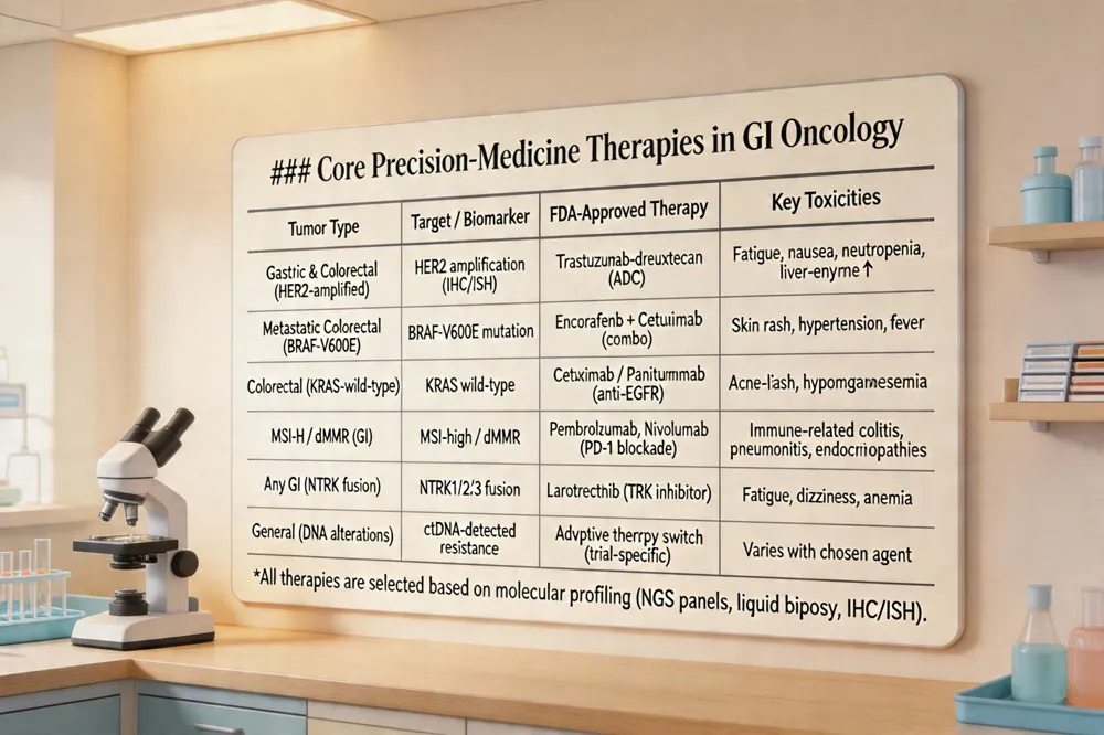 ### Core Precision‑Medicine Therapies in GI Oncology
| Tumor Type | Target / Biomarker | FDA‑Approved Therapy (or late‑stage) | Key Toxicities |
|---|---|---|---|
| Gastric & Colorectal (HER2‑amplified) | HER2 amplification (IHC/ISH) | Trastuzumab‑deruxtecan (ADC) | Fatigue, nausea, neutropenia, liver‑enzyme ↑ |
| Metastatic Colorectal (BRAF‑V600E) | BRAF‑V600E mutation | Encorafenib + Cetuximab (combo) | Skin rash, hypertension, fever |
| Colorectal (KRAS‑wild‑type) | KRAS wild‑type | Cetuximab / Panitumumab (anti‑EGFR) | Acne‑like rash, hypomagnesemia |
| MSI‑H / dMMR (GI) | MSI‑high / dMMR | Pembrolizumab, Nivolumab (PD‑1 blockade) | Immune‑related colitis, pneumonitis, endocrinopathies |
| Any GI (NTRK fusion) | NTRK1/2/3 fusion | Larotrectinib (TRK inhibitor) | Fatigue, dizziness, anemia |
| General (DNA alterations) | ctDNA‑detected resistance | Adaptive therapy switch (trial‑specific) | Varies with chosen agent |
*All therapies are selected based on molecular profiling (NGS panels, liquid biopsy, IHC/ISH).