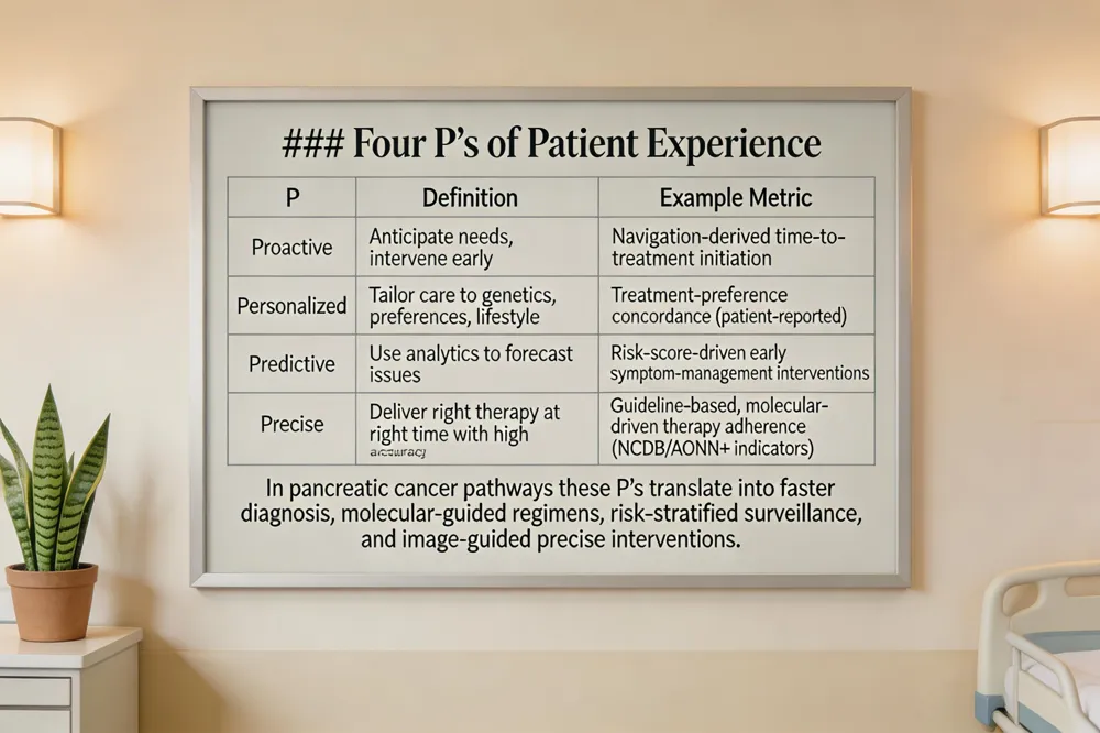 ### Four P’s of Patient Experience
| P | Definition | Example Metric |
|---|---|---|
| Proactive | Anticipate needs, intervene early | Navigation‑derived time‑to‑treatment initiation |
| Personalized | Tailor care to genetics, preferences, lifestyle | Treatment‑preference concordance (patient‑reported) |
| Predictive | Use analytics to forecast issues | Risk‑score‑driven early symptom‑management interventions |
| Precise | Deliver right therapy at right time with high accuracy | Guideline‑based, molecular‑driven therapy adherence (NCDB/AONN+ indicators) |
In pancreatic cancer pathways these P’s translate into faster diagnosis, molecular‑guided regimens, risk‑stratified surveillance, and image‑guided precise interventions.