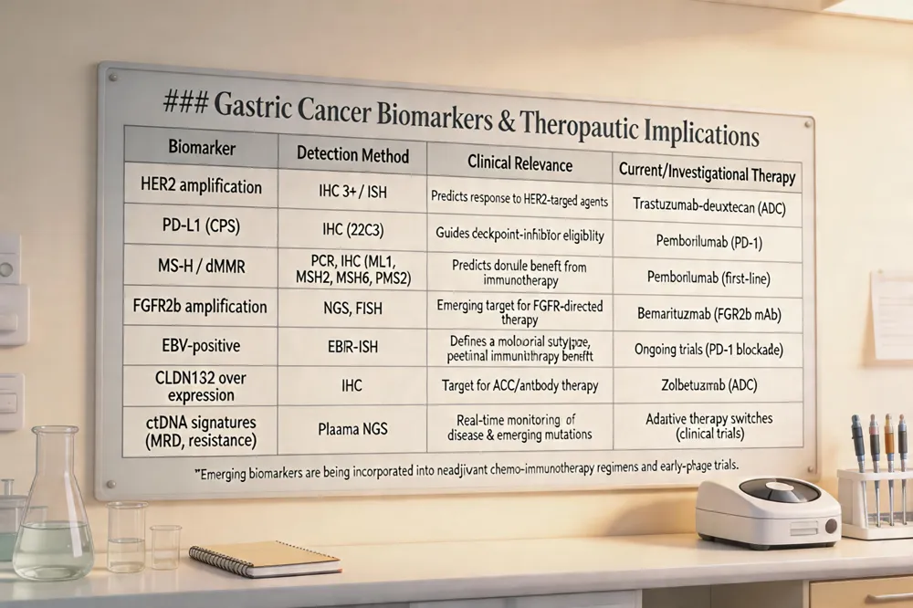 ### Gastric Cancer Biomarkers & Therapeutic Implications
| Biomarker | Detection Method | Clinical Relevance | Current/Investigational Therapy |
|---|---|---|---|
| HER2 amplification | IHC 3+ / ISH | Predicts response to HER2‑targeted agents | Trastuzumab‑deruxtecan (ADC) |
| PD‑L1 (CPS) | IHC (22C3) | Guides checkpoint‑inhibitor eligibility | Pembrolizumab (PD‑1) |
| MSI‑H / dMMR | PCR, IHC (MLH1, MSH2, MSH6, PMS2) | Predicts durable benefit from immunotherapy | Pembrolizumab (first‑line) |
| FGFR2b amplification | NGS, FISH | Emerging target for FGFR‑directed therapy | Bemarituzumab (FGFR2b mAb) |
| EBV‑positive | EBER‑ISH | Defines a molecular subtype, potential immunotherapy benefit | Ongoing trials (PD‑1 blockade) |
| CLDN18.2 over‑expression | IHC | Target for ADC/antibody therapy | Zolbetuximab (ADC) |
| ctDNA signatures (MRD, resistance) | Plasma NGS | Real‑time monitoring of disease & emerging mutations | Adaptive therapy switches (clinical trials) |
Emerging biomarkers are being incorporated into neoadjuvant chemo‑immunotherapy regimens and early‑phase trials.
