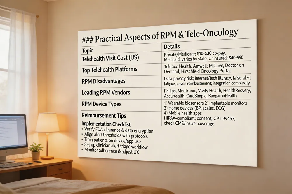 ### Practical Aspects of RPM & Tele‑Oncology
| Topic | Details |
|---|---|
| Telehealth Visit Cost (US) | Private insurers/Medicare: $10‑$30 co‑pay per session; Medicaid: varies by state; Uninsured: $40‑$90 |
| Top Telehealth Platforms | Teladoc Health, Amwell (24/7 video, EHR integration); MDLive, Doctor on Demand (quick, insurance‑friendly); Hirschfeld Oncology portal (oncology‑specific) |
| RPM Disadvantages | Data‑privacy/security risk; requires reliable internet & tech literacy; false‑alert fatigue; uneven reimbursement; integration complexity |
| Leading RPM Vendors | Philips Healthcare, Medtronic, Vivify Health, HealthRecovery Solutions, Accuhealth (Tellihealth), CareSimple, KangarooHealth |
| RPM Device Types | 1️⃣ Wearable biosensors (HR, SpO₂, activity) 2️⃣ Implantable devices (cardiac monitors) 3️⃣ Home‑based medical devices (BP cuffs, scales, spirometers, ECG kits) 4️⃣ Mobile health apps (ePRO, symptom capture) |
| Reimbursement Tips | Use HIPAA‑compliant platforms; obtain documented consent; code with appropriate CPT (e.g., 99457 for remote physiologic monitoring) and ensure CMS/insurer coverage before launch |
Implementation Checklist
- Verify device FDA clearance and data encryption standards.
- Align alert thresholds with institutional protocols.
- Train patients on device use and app navigation.
- Set up clinician workflow for alert triage (nurse‑first, physician escalation).
- Monitor adherence metrics and adjust user‑experience as needed.