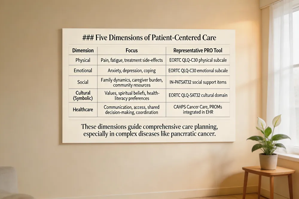 ### Five Dimensions of Patient‑Centered Care
| Dimension | Focus | Representative PRO Tool |
|---|---|---|
| Physical | Pain, fatigue, treatment side‑effects | EORTC QLQ‑C30 physical subscale |
| Emotional | Anxiety, depression, coping | EORTC QLQ‑C30 emotional subscale |
| Social | Family dynamics, caregiver burden, community resources | IN‑PATSAT32 social support items |
| Cultural (Symbolic) | Values, spiritual beliefs, health‑literacy preferences | EORTC QLQ‑SAT32 cultural domain |
| Healthcare | Communication, access, shared decision‑making, coordination | CAHPS Cancer Care, PROMs integrated in EHR |
These dimensions guide comprehensive care planning, especially in complex diseases like pancreatic cancer.