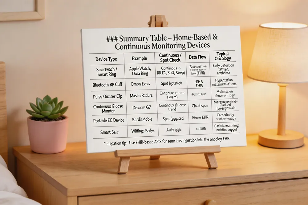 ### Summary Table – Home‑Based & Continuous Monitoring Devices
| Device Type | Example | Continuous / Spot Check | Data Flow | Typical Oncology Use |
|---|---|---|---|---|
| Smartwatch / Smart Ring | Apple Watch, Oura Ring | Continuous (HR, ECG, SpO₂, sleep) | Bluetooth → Secure app → EHR (FHIR) | Early detection of fatigue, arrhythmia |
| Bluetooth BP Cuff | Omron Evolv | Spot (patient‑initiated) | Direct upload to portal | Hypertension management, fluid status |
| Pulse‑Oximeter Clip | Masimo Radius | Continuous (when worn) | Real‑time streaming to dashboard | Monitor hypoxia during chemotherapy |
| Continuous Glucose Monitor | Dexcom G7 | Continuous glucose trend | Cloud sync → EHR | Manage glucocorticoid‑induced hyperglycemia |
| Portable ECG Device | KardiaMobile | Spot (triggered) | Secure upload to EHR | Cardiotoxicity surveillance (e.g., anthracycline) |
| Smart Scale | Withings Body+ | Daily weight log | Auto‑sync to portal | Cachexia monitoring, nutrition support |
Integration tip: Use FHIR‑based APIs for seamless data ingestion into the oncology EHR.