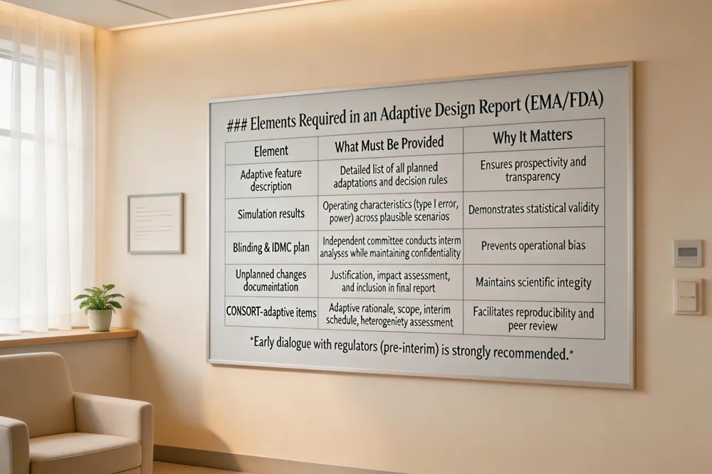 ### Elements Required in an Adaptive Design Report (EMA/FDA)
| Element | What Must Be Provided | Why It Matters |
|---|---|---|
| Adaptive feature description | Detailed list of all planned adaptations and decision rules | Ensures prospectivity and transparency |
| Simulation results | Operating characteristics (type I error, power) across plausible scenarios | Demonstrates statistical validity |
| Blinding & IDMC plan | Independent committee conducts interim analyses while maintaining confidentiality | Prevents operational bias |
| Unplanned changes documentation | Justification, impact assessment, and inclusion in final report | Maintains scientific integrity |
| CONSORT‑adaptive items | Adaptive rationale, scope, interim schedule, heterogeneity assessment | Facilitates reproducibility and peer review |
Early dialogue with regulators (pre‑interim) is strongly recommended.