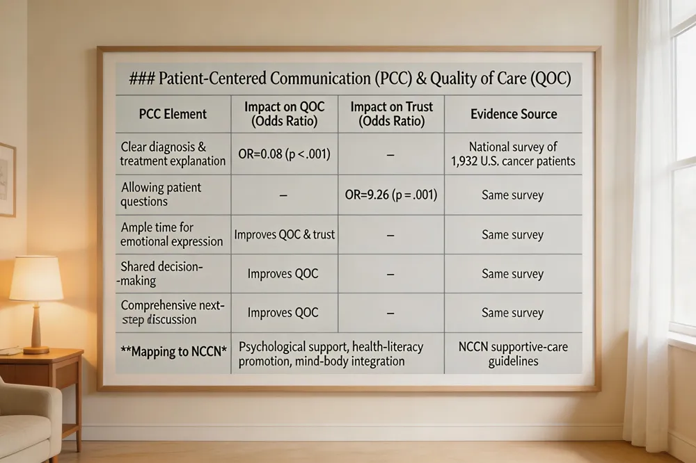 ### Patient‑Centered Communication (PCC) & Quality of Care (QOC)
| PCC Element | Impact on QOC (Odds Ratio) | Impact on Trust (Odds Ratio) | Evidence Source |
|---|---|---|---|
| Clear diagnosis & treatment explanation | OR = 0.08 (p < .001) | – | National survey of 1,932 U.S. cancer patients |
| Allowing patient questions | – | OR = 9.26 (p = .001) | Same survey |
| Ample time for emotional expression | Improves QOC & trust | – | Same survey |
| Shared decision‑making | Improves QOC | – | Same survey |
| Comprehensive next‑step discussion | Improves QOC | – | Same survey |
| Mapping to NCCN | Psychological support, health‑literacy promotion, mind‑body integration | – | NCCN supportive‑care guidelines |
