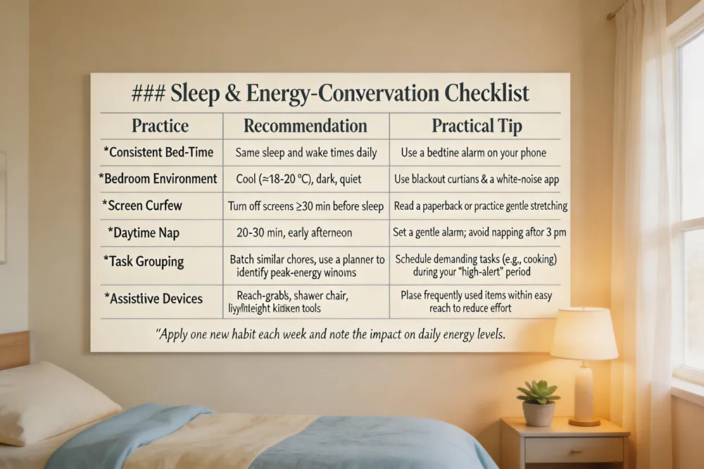 ### Sleep & Energy‑Conservation Checklist
| Practice | Recommendation | Practical Tip |
|---|---|---|
| Consistent Bed‑Time | Same sleep and wake times daily | Use a bedtime alarm on your phone |
| Bedroom Environment | Cool (≈18‑20 °C), dark, quiet | Use blackout curtains & a white‑noise app |
| Screen Curfew | Turn off screens ≥30 min before sleep | Read a paperback or practice gentle stretching |
| Daytime Nap | 20‑30 min, early afternoon | Set a gentle alarm; avoid napping after 3 pm |
| Task Grouping | Batch similar chores, use a planner to identify peak‑energy windows | Schedule demanding tasks (e.g., cooking) during your “high‑alert” period |
| Assistive Devices | Reach‑grabs, shower chair, lightweight kitchen tools | Place frequently used items within easy reach to reduce effort |
Apply one new habit each week and note the impact on daily energy levels.