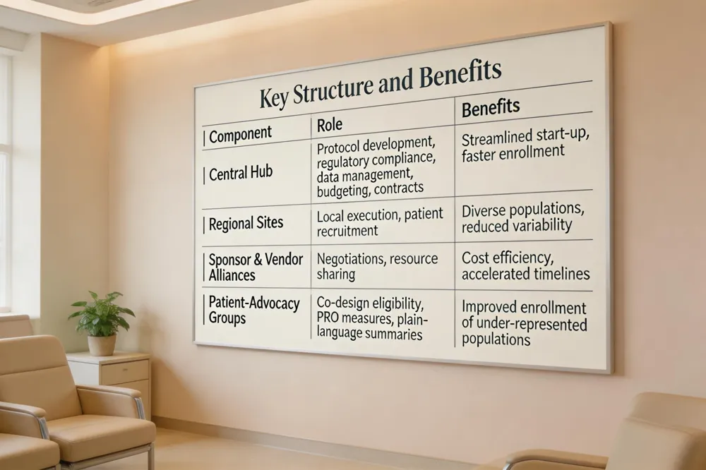 Key Structure and Benefits
| Component | Role | Benefits |
|---|---|---|
| Central Hub | Protocol development, regulatory compliance, data management, budgeting, contracts | Streamlined start‑up, faster enrollment |
| Regional Sites | Local execution, patient recruitment | Diverse populations, reduced variability |
| Sponsor & Vendor Alliances | Negotiations, resource sharing | Cost efficiency, accelerated timelines |
| Patient‑Advocacy Groups | Co‑design eligibility, PRO measures, plain‑language summaries | Improved enrollment of under‑represented populations |
