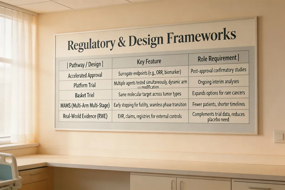 Regulatory & Design Frameworks
| Pathway / Design | Key Feature | Role Requirement |
|---|---|---|
| Accelerated Approval | Surrogate endpoints (e.g., ORR, biomarker) | Post‑approval confirmatory studies |
| Platform Trial | Multiple agents tested simultaneously, dynamic arm modification | Ongoing interim analyses |
| Basket Trial | Same molecular target across tumor types | Expands options for rare cancers |
| MAMS (Multi‑Arm Multi‑Stage) | Early stopping for futility, seamless phase transition | Fewer patients, shorter timelines |
| Real‑World Evidence (RWE) | EHR, claims, registries for external controls | Complements trial data, reduces placebo need |
