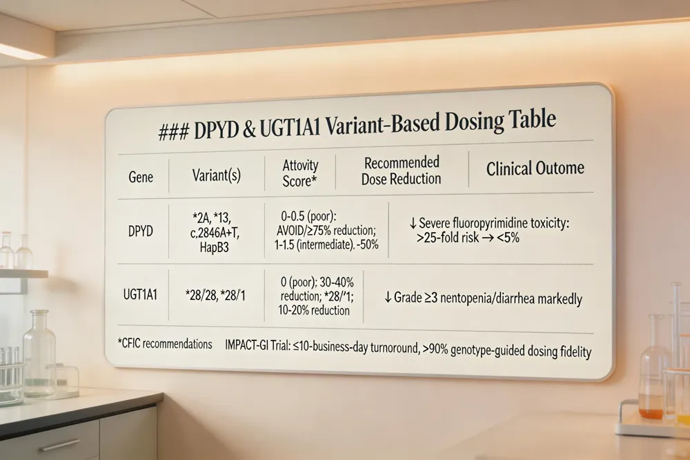 ### DPYD & UGT1A1 Variant‑Based Dosing Table
| Gene | Variant(s) | Activity Score* | Recommended Dose Reduction | Clinical Outcome (if adhered) | |------|------------|----------------|----------------------------|------------------------------| | DPYD | 2A, *13, c.2846A>T, HapB3 | 0‑0.5 (poor) → avoid or ≥75% reduction; 1‑1.5 (intermediate) → ‑50% | Severe fluoropyrimidine toxicity ↓ from >25‑fold risk to <5% | | UGT1A1 | *28/28 | 0 (poor) → 30‑40% reduction; 28/1 (heterozygote) → consider 10‑20% reduction | Grade ≥3 neutropenia/diarrhea ↓ markedly |
Activity score based on CPIC recommendations. The IMPACT‑GI trial (EPIS framework) achieved ≤10‑business‑day turnaround and >90% genotype‑guided dosing fidelity.