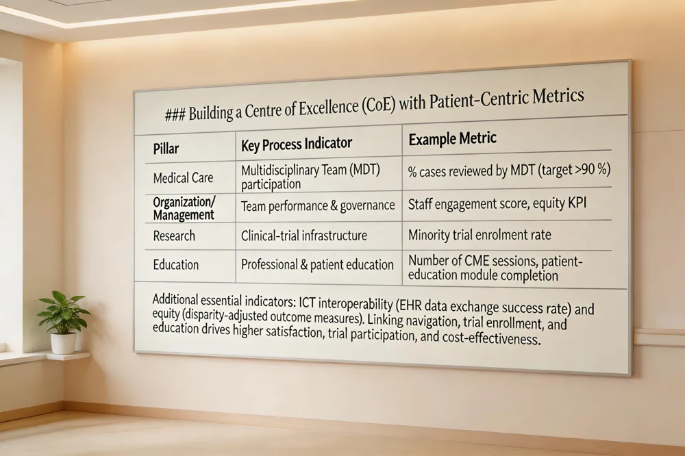 ### Building a Centre of Excellence (CoE) with Patient‑Centric Metrics
| Pillar | Key Process Indicator | Example Metric |
|---|---|---|
| Medical Care | Multidisciplinary Team (MDT) participation | % cases reviewed by MDT (target >90 %) |
| Organization/Management | Team performance & governance | Staff engagement score, equity KPI |
| Research | Clinical‑trial infrastructure | Minority trial enrolment rate |
| Education | Professional & patient education | Number of CME sessions, patient‑education module completion |
Additional essential indicators: ICT interoperability (EHR data exchange success rate) and equity (disparity‑adjusted outcome measures). Linking navigation, trial enrollment, and education drives higher satisfaction, trial participation, and cost‑effectiveness.