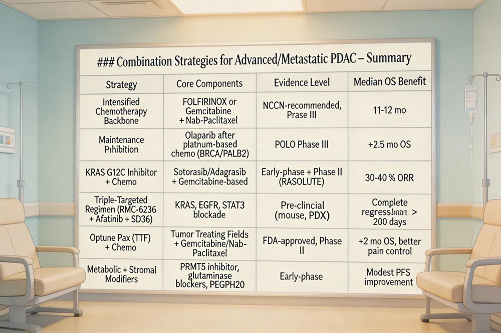 ### Combination Strategies for Advanced/Metastatic PDAC – Summary
| Strategy | Core Components | Evidence Level | Median OS Benefit |
|---|---|---|---|
| Intensified Chemotherapy Backbone | FOLFIRINOX or Gemcitabine + Nab‑Paclitaxel | NCCN‑recommended, Phase III | 11‑12 mo |
| Maintenance PARP Inhibition | Olaparib after platinum‑based chemo (BRCA/PALB2) | POLO Phase III | +2.5 mo OS |
| KRAS G12C Inhibitor + Chemo | Sotorasib/Adagrasib + Gemcitabine‑based | Early‑phase + Phase III (RASOLUTE) | 30‑40 % ORR |
| Triple‑Targeted Regimen (RMC‑6236 + Afatinib + SD36) | KRAS, EGFR, STAT3 blockade | Pre‑clinical (mouse, PDX) | Complete regression >200 days |
| Optune Pax (TTF) + Chemo | Tumor Treating Fields + Gemcitabine/Nab‑Paclitaxel | FDA‑approved, Phase II | +2 mo OS, better pain control |
| Metabolic + Stromal Modifiers | PRMT5 inhibitor, glutaminase blockers, PEGPH20 | Early‑phase | Modest PFS improvement |
