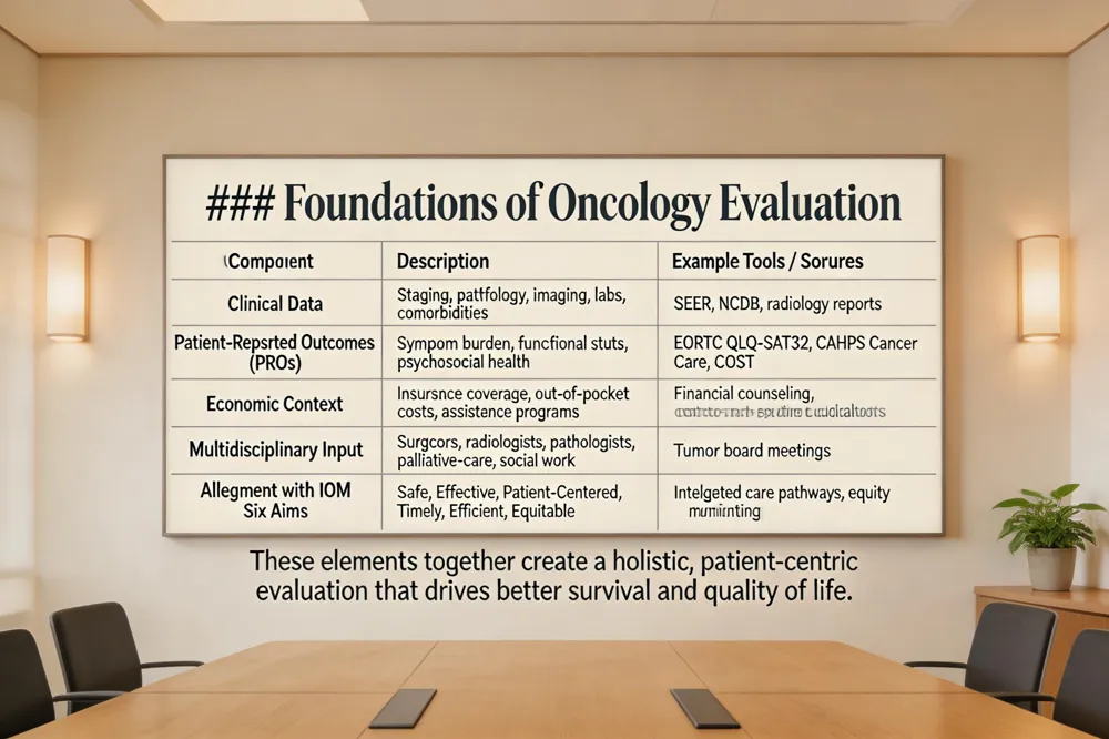 ### Foundations of Oncology Evaluation
| Component | Description | Example Tools / Sources |
|---|---|---|
| Clinical Data | Staging, pathology, imaging, labs, comorbidities | SEER, NCDB, radiology reports |
| Patient‑Reported Outcomes (PROs) | Symptom burden, functional status, psychosocial health | EORTC QLQ‑SAT32, CAHPS Cancer Care, COST |
| Economic Context | Insurance coverage, out‑of‑pocket costs, assistance programs | Financial counseling, cost‑to‑patient calculators |
| Multidisciplinary Input | Surgeons, radiologists, pathologists, palliative‑care, social work | Tumor board meetings |
| Alignment with IOM Six Aims | Safe, Effective, Patient‑Centered, Timely, Efficient, Equitable | Integrated care pathways, equity monitoring |
These elements together create a holistic, patient‑centric evaluation that drives better survival and quality of life.