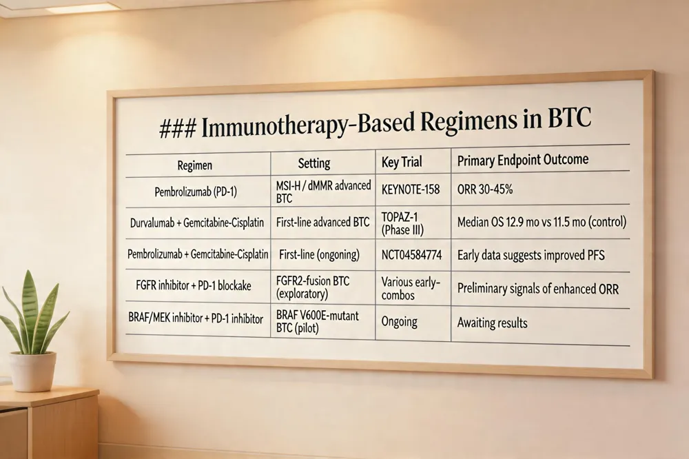 ### Immunotherapy‑Based Regimens in BTC
| Regimen | Setting | Key Trial | Primary Endpoint Outcome | |----------|---------|-----------|--------------------------| | Pembrolizumab (PD‑1) | MSI‑H / dMMR advanced BTC | KEYNOTE‑158 | ORR 30‑45 % |n| Durvalumab + Gemcitabine‑Cisplatin | First‑line advanced BTC | TOPAZ‑1 (Phase III) | Median OS 12.9 mo vs 11.5 mo (control) | | Pembrolizumab + Gemcitabine‑Cisplatin | First‑line (ongoing) | NCT04584774 | Early data suggests improved PFS | | FGFR inhibitor + PD‑1 blockade | FGFR2‑fusion BTC (exploratory) | Various early‑phase combos | Preliminary signals of enhanced ORR | | Combination of BRAF/MEK inhibitor + PD‑1 inhibitor | BRAF V600E‑mutant BTC (pilot) | Ongoing | Awaiting results | 