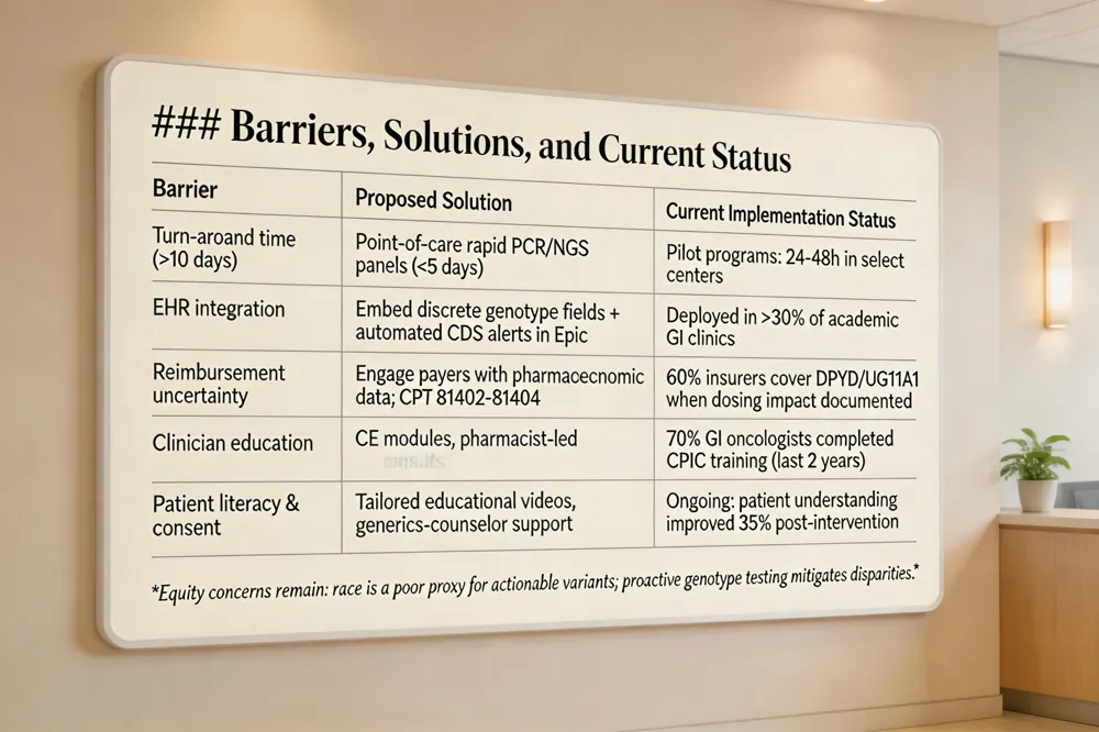 ### Barriers, Solutions, and Current Status
| Barrier | Proposed Solution | Current Implementation Status |
|---|---|---|
| Turn‑around time (>10 days) | Point‑of‑care rapid PCR or NGS panels (<5 days) | Pilot programs achieving 24‑48 h in select centers |
| EHR integration | Embed discrete genotype fields + automated CDS alerts in Epic | Deployed in >30% of academic GI clinics |
| Reimbursement uncertainty | Engage payers with pharmacoeconomic data; use CPT 81402‑81404 for panel billing | Mixed coverage; 60% of insurers now cover DPYD/UGT1A1 when dosing impact is documented |
| Clinician education | CE modules, pharmacist‑led consults | 70% of GI oncologists have completed CPIC training in last 2 years |
| Patient literacy & consent | Tailored educational videos, genetics‑counselor support | Ongoing; patient-reported understanding improved by 35% post‑intervention |
Equity concerns remain: race is a poor proxy for actionable variants; proactive genotype testing mitigates disparities.