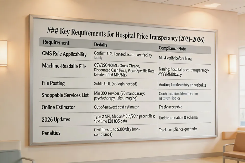 ### Key Requirements for Hospital Price Transparency (2021‑2026)
| Requirement | Details | Compliance Note |
|---|---|---|
| CMS Rule Applicability | Confirm hospital is a U.S. licensed acute‑care facility. | Must be verified before filing. |
| Machine‑Readable File | CSV/JSON/XML file containing: Gross Charge, Discounted Cash Price, Payer‑Specific Negotiated Rate, De‑identified Min/Max Rates. | Use CMS naming convention (e.g., hospital‑price‑transparency‑YYYYMMDD.csv). |
| File Posting | Publish file on a publicly accessible URL without login. | Include location identifier in the website footer. |
| Shoppable Services List | Minimum 300 services, 70 mandatory (e.g., psychotherapy, labs, imaging). Show cash price, payer‑specific rate, and de‑identified min/max. | Group by clinical category for consumer‑friendly navigation. |
| Online Estimator | Provide an estimator tool for out‑of‑network costs. | Must be freely accessible. |
| 2026 Updates | Include Type 2 NPI(s); replace “estimated allowed amount” with Median, 10th‑percentile, 90th‑percentile, and count. Use a 12‑15‑month look‑back of EDI 835 data. | Update attestation and file schema accordingly. |
| Penalties | Civil fines for non‑compliance (up to $300 per day). | Track compliance status quarterly. |
