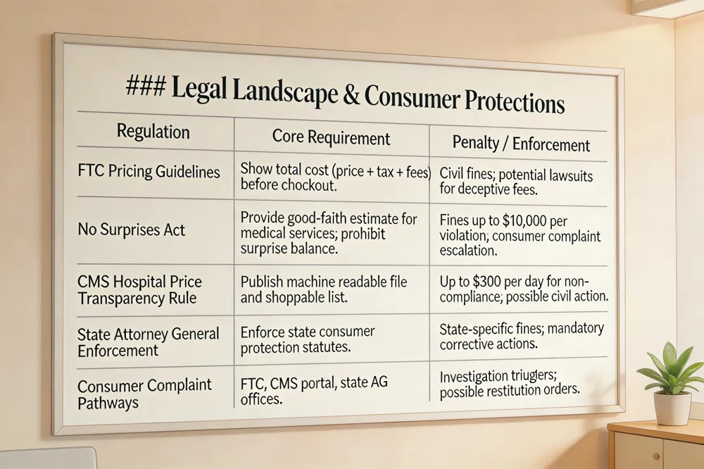 ### Legal Landscape & Consumer Protections
| Regulation | Core Requirement | Penalty / Enforcement |
|---|---|---|
| FTC Pricing Guidelines | Show total cost (price + tax + fees) before checkout. | Civil fines; potential lawsuits for deceptive fees. |
| No Surprises Act | Provide good‑faith estimate for medical services; prohibit surprise balance. | Fines up to $10,000 per violation; consumer complaint escalation. |
| CMS Hospital Price Transparency Rule | Publish machine‑readable file and shoppable list. | Up to $300 per day for non‑compliance; possible civil action. |
| State Attorney General Enforcement | Enforce state consumer protection statutes. | State‑specific fines; mandatory corrective actions. |
| Consumer Complaint Pathways | FTC, CMS portal, state AG offices. | Investigation triggers; possible restitution orders. |
