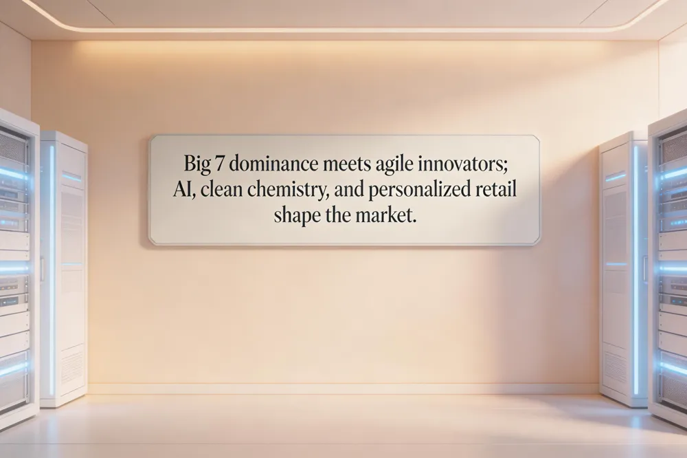 Big 7 dominance meets agile innovators; AI, clean chemistry, and personalized retail shape the market.