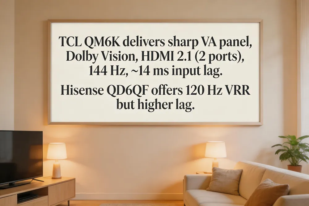 TCL QM6K delivers sharp VA panel, Dolby Vision, HDMI 2.1 (2 ports), 144 Hz, ~14 ms input lag. Hisense QD6QF offers 120 Hz VRR but higher lag.