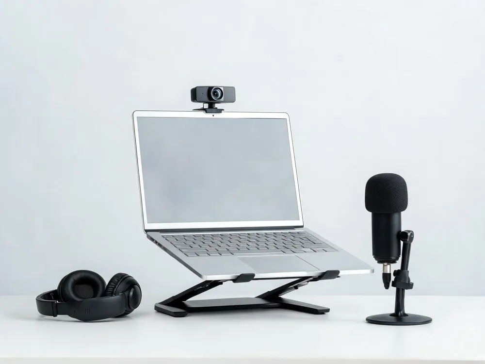 A 1080p webcam mounted on a laptop stand, paired with noise‑cancelling headphones and a cardioid microphone, highlighting clear video and audio tools.