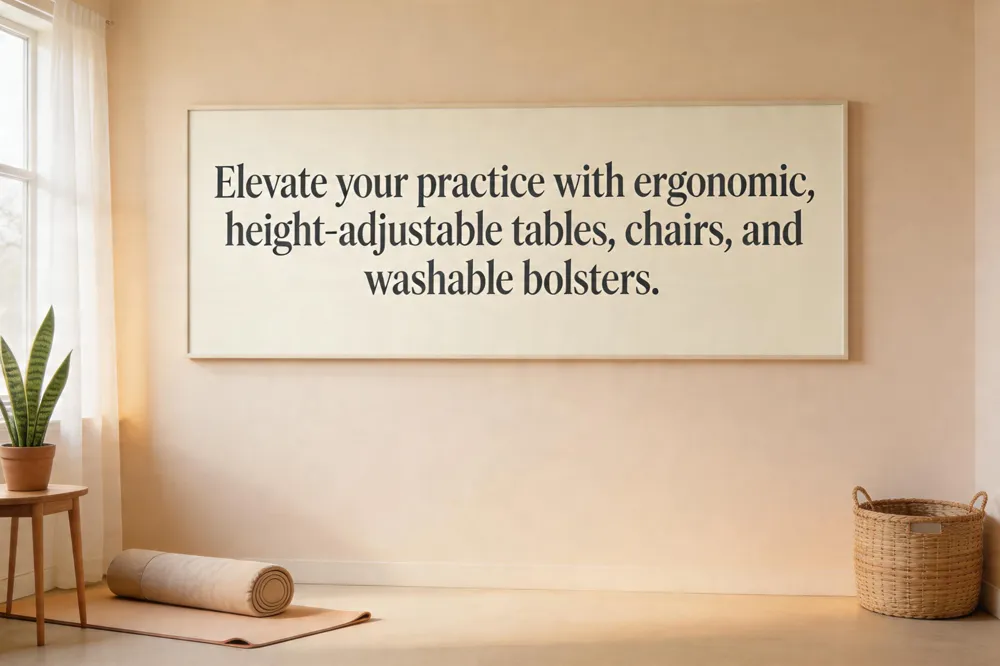 Elevate your practice with ergonomic, height‑adjustable tables, chairs, and washable bolsters.