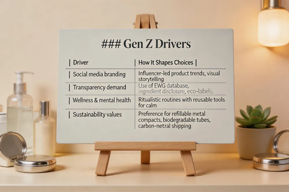 ### Gen Z Drivers
| Driver | How It Shapes Choices |
|---|---|
| Social media branding | Influencer‑led product trends, visual storytelling |
| Transparency demand | Use of EWG database, ingredient disclosure, eco‑labels |
| Wellness & mental health | Ritualistic routines with reusable tools for calm |
| Sustainability values | Preference for refillable metal compacts, biodegradable tubes, carbon‑neutral shipping |
