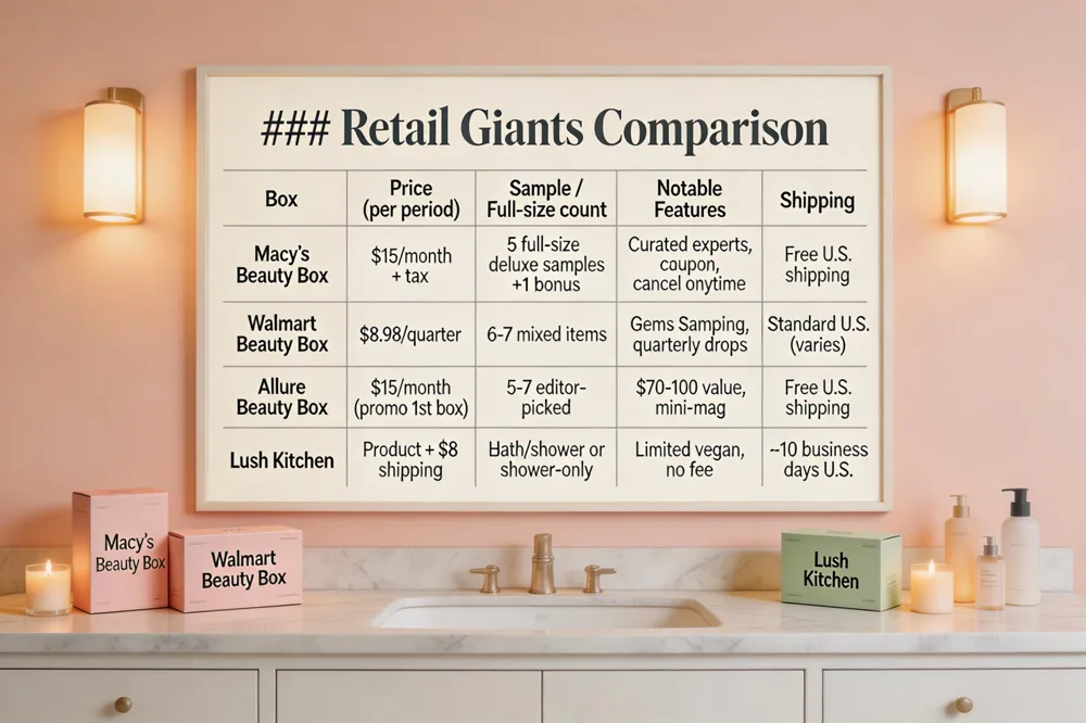 ### Retail Giants Comparison
| Box | Price (per period) | Sample / Full‑size count | Notable Features | Shipping |
|---|---|---|---|---|
| Macy’s Beauty Box | $15 / month + tax | 5 full‑size deluxe samples + 1 bonus item | Curated by Macy’s experts, exclusive coupon, how‑to videos, 48‑hour claim window, cancel anytime | Free U.S. shipping |
| Walmart Beauty Box | $8.98 / quarter | 6‑7 items (mix of full‑size, deluxe, travel) | Sourced & fulfilled by Gems Sampling, quarterly drops | Standard U.S. shipping (varies) |
| Allure Beauty Box | $15 / month (promo first box) | 5‑7 editor‑picked items (full‑size, deluxe, travel) | Mini‑magazine, $70‑$100 retail value, editor‑approved | Free U.S. shipping |
| Lush Kitchen | Product price + $8 shipping | Standard: bath + shower; Shower‑Only: shower only | Limited‑edition vegan bath & body, no joining fee, gifting options | ~10 business days U.S. |
