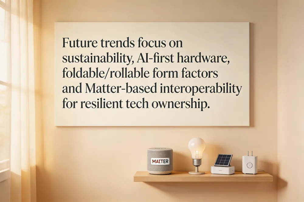 Future trends focus on sustainability, AI‑first hardware, foldable/rollable form factors and Matter‑based interoperability for resilient tech ownership.