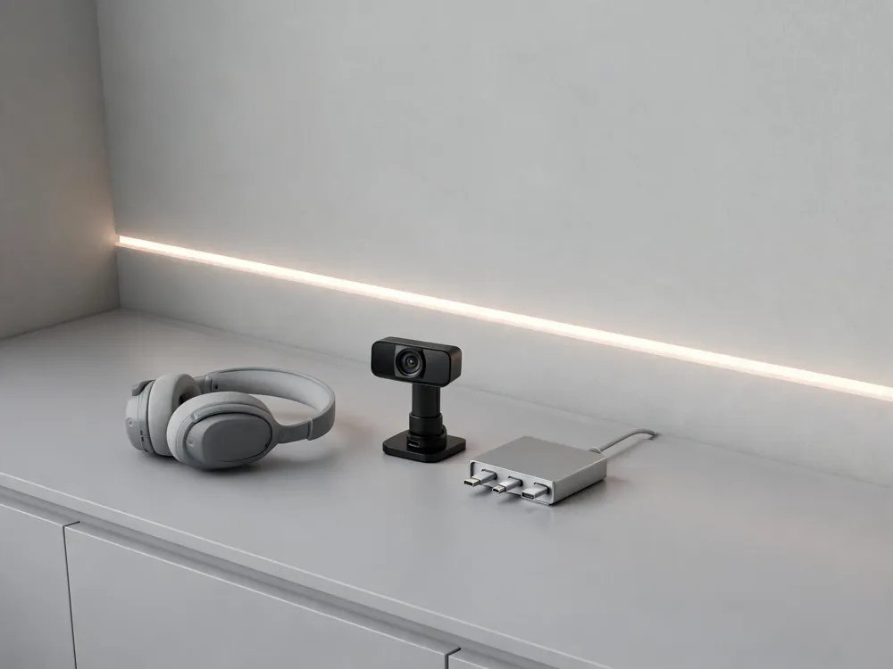 A collection of popular remote‑work gear: a high‑resolution webcam, a USB‑C hub, noise‑cancelling headphones, and a smart lighting strip, as favored by Reddit users.