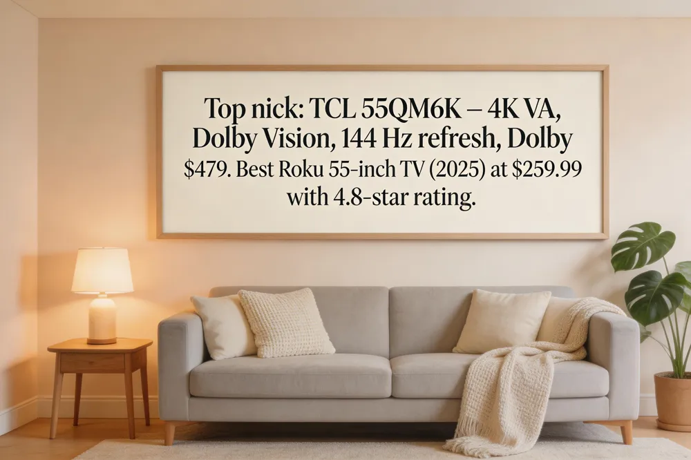 Top pick: TCL 55QM6K – 4K VA, Dolby Vision, 144 Hz refresh, Dolby $479. Best Roku 55‑inch TV (2025) at $259.99 with 4.8‑star rating.