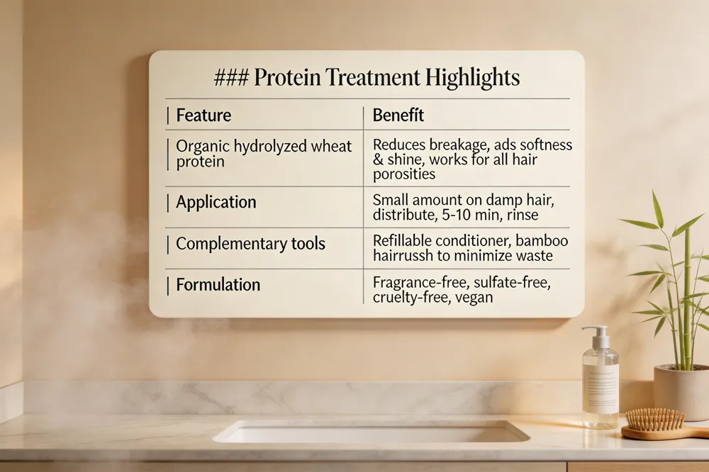 ### Protein Treatment Highlights
| Feature | Benefit |
|---|---|
| Organic hydrolyzed wheat protein | Reduces breakage, adds softness & shine, works for all hair porosities |
| Application | Small amount on damp hair, distribute, 5‑10 min, rinse |
| Complementary tools | Refillable conditioner, bamboo hairbrush to minimize waste |
| Formulation | Fragrance‑free, sulfate‑free, cruelty‑free, vegan |
