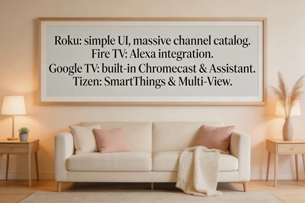Roku: simple UI, massive channel catalog. Fire TV: Alexa integration. Google TV: built‑in Chromecast &amp; Assistant. Tizen: SmartThings &amp; Multi‑View.