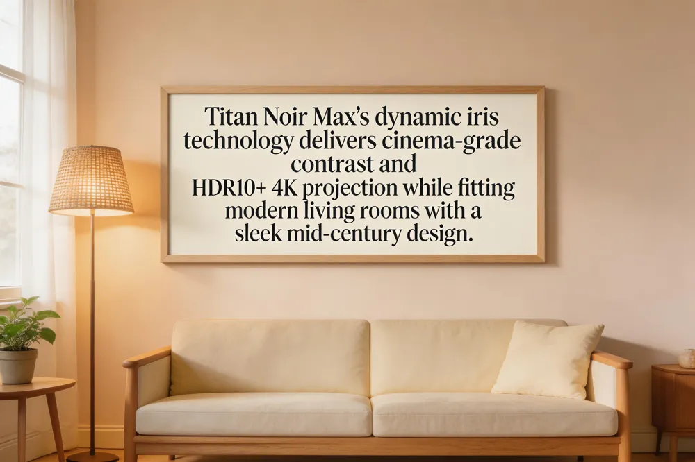 Titan Noir Max’s dynamic iris technology delivers cinema‑grade contrast and HDR10+ 4K projection while fitting modern living rooms with a sleek mid‑century design.