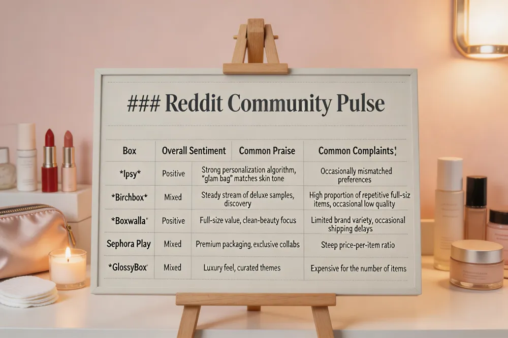 ### Reddit Community Pulse
| Box | Overall Sentiment | Common Praise | Common Complaints |
|---|---|---|---|
| Ipsy | Positive | Strong personalization algorithm, “glam bag” matches skin tone | Occasionally mismatched preferences |
| Birchbox | Mixed | Steady stream of deluxe samples, discovery | High proportion of repetitive full‑size items, occasional low quality |
| Boxwalla | Positive | Full‑size value, clean‑beauty focus | Limited brand variety, occasional shipping delays |
| Sephora Play | Mixed | Premium packaging, exclusive collabs | Steep price‑per‑item ratio |
| GlossyBox | Mixed | Luxury feel, curated themes | Expensive for the number of items |
