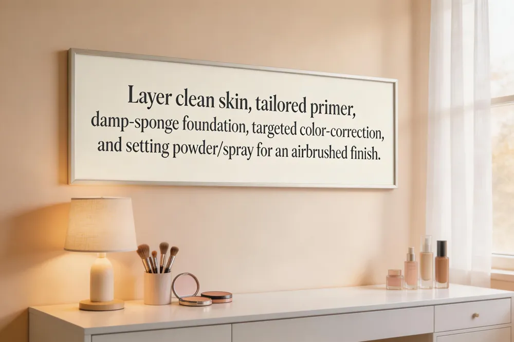 Layer clean skin, tailored primer, damp‑sponge foundation, targeted color‑correction, and setting powder/spray for an airbrushed finish.