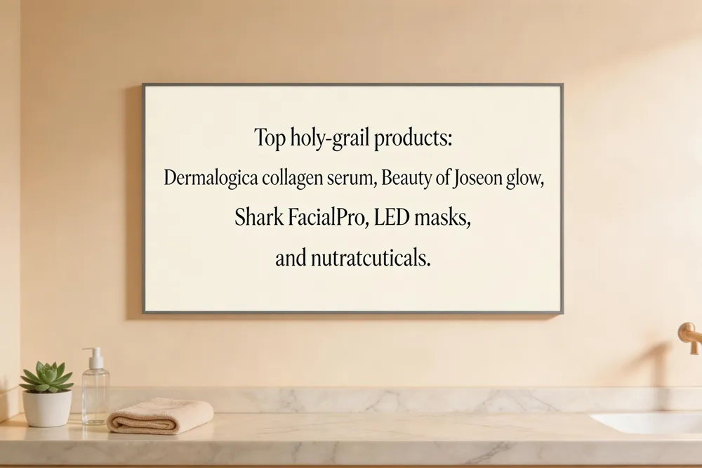 Top holy‑grail products: Dermalogica collagen serum, Beauty of Joseon glow, Shark FacialPro, LED masks, and nutraceuticals.