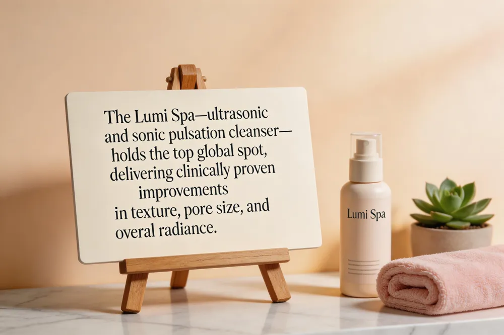 The Lumi Spa—ultrasonic and sonic pulsation cleanser—holds the top global spot, delivering clinically proven improvements in texture, pore size, and overall radiance.