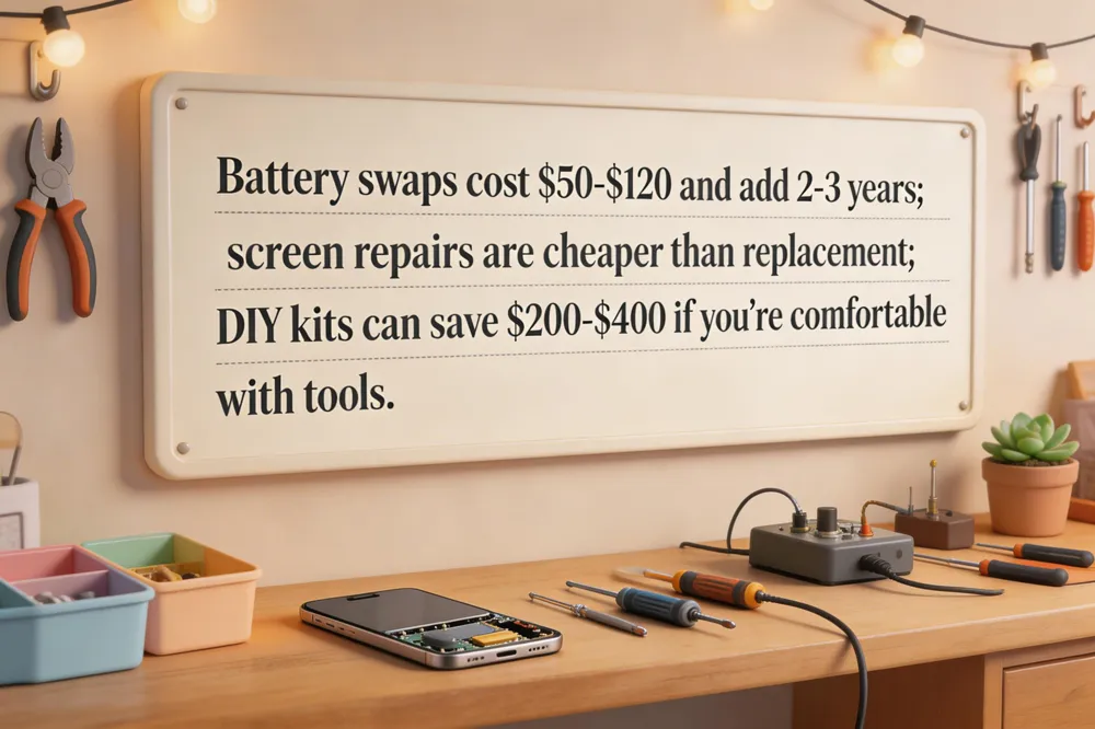 Battery swaps cost $50‑$120 and add 2‑3 years; screen repairs are cheaper than replacement; DIY kits can save $200‑$400 if you’re comfortable with tools.