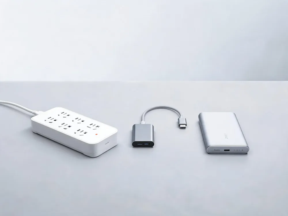 A compact USB‑C docking station with multiple ports, a fast‑charging power bank, and a surge‑protected power strip neatly arranged on a desk.
