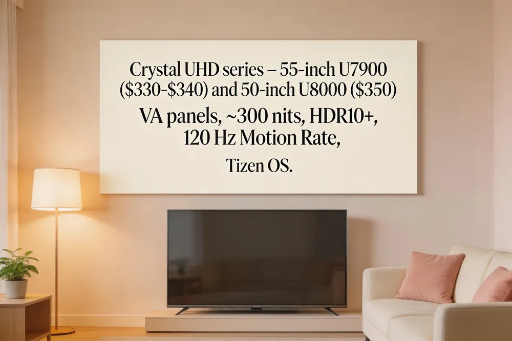 Crystal UHD series – 55‑inch U7900 ($330‑$340) and 50‑inch U8000 ($350). VA panels, ~300 nits, HDR10+, 120 Hz Motion Rate, Tizen OS.