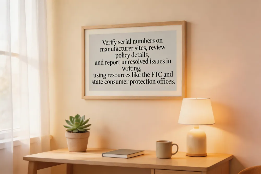 Verify serial numbers on manufacturer sites, review policy details, and report unresolved issues in writing, using resources like the FTC and state consumer protection offices.