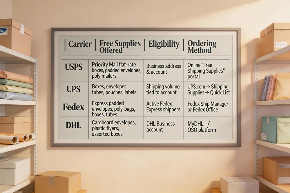 | Carrier | Free Supplies Offered | Eligibility | Ordering Method |
|---------|-----------------------|-------------|-----------------|
| USPS   | Priority Mail flat‑rate boxes, padded envelopes, poly mailers | Business address &amp; account | Online "Free Shipping Supplies" portal |
| UPS     | Boxes, envelopes, tubes, pouches, labels | Shipping volume tied to account | UPS.com → Shipping Supplies → Quick List |
| FedEx   | Express padded envelopes, poly‑bags, boxes, tubes | Active FedEx Express shippers | FedEx Ship Manager or FedEx Office |
| DHL     | Cardboard envelopes, plastic flyers, assorted boxes | DHL Business account | MyDHL+ / OSO platform |