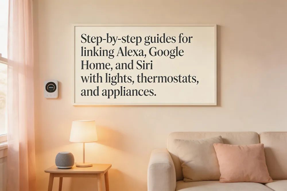Step‑by‑step guides for linking Alexa, Google Home, and Siri with lights, thermostats, and appliances.