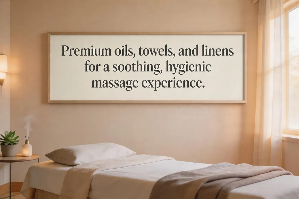 Premium oils, towels, and linens for a soothing, hygienic massage experience.