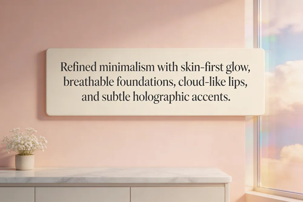 Refined minimalism with skin‑first glow, breathable foundations, cloud‑like lips, and subtle holographic accents.